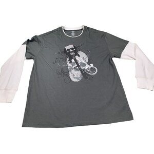 Premier International Men's XL Gray Long Sleeve Skull Guitar Graphic Tee
